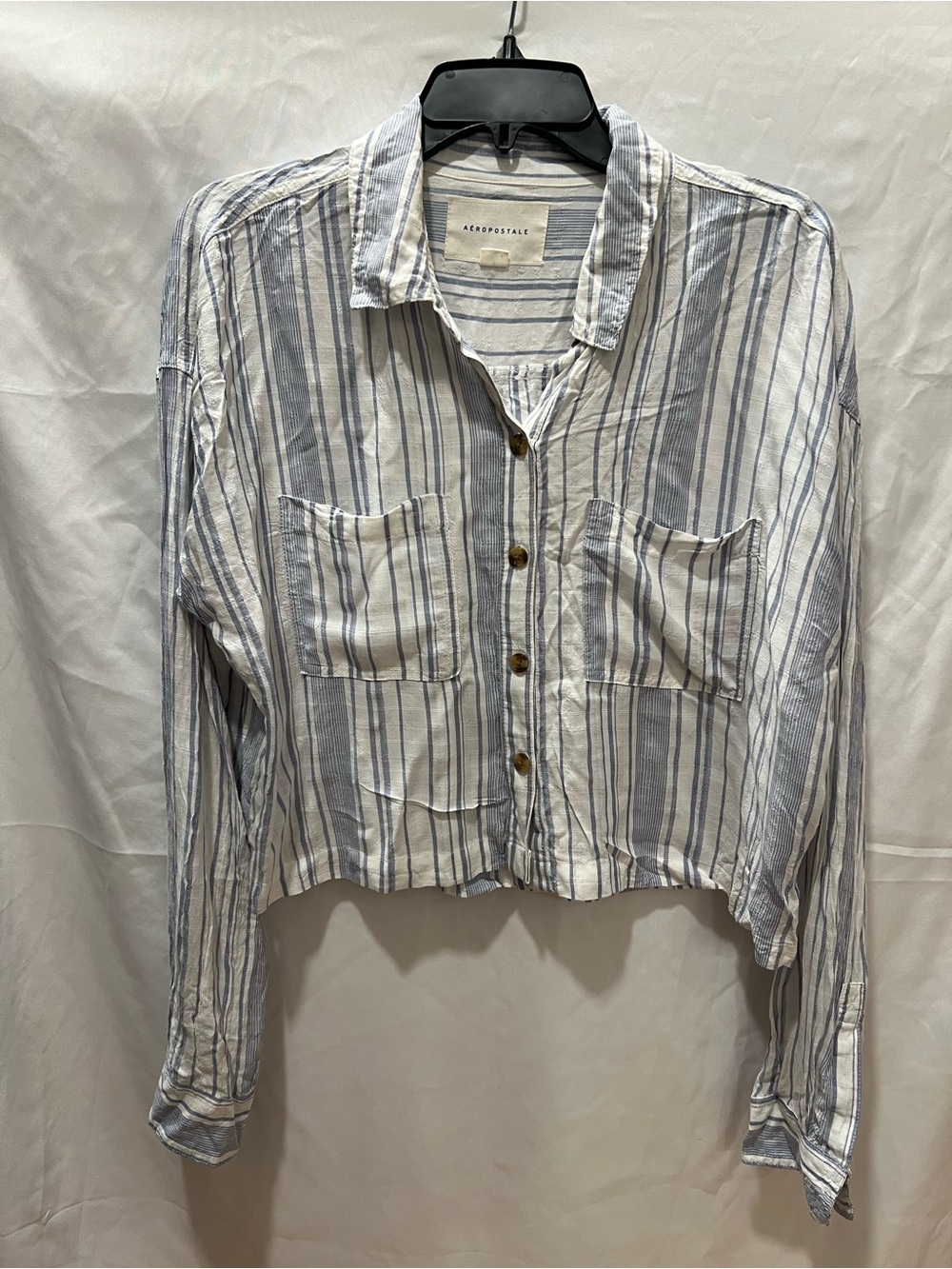 Aeropostale White and Blue Striped Casual Button Front Shirt